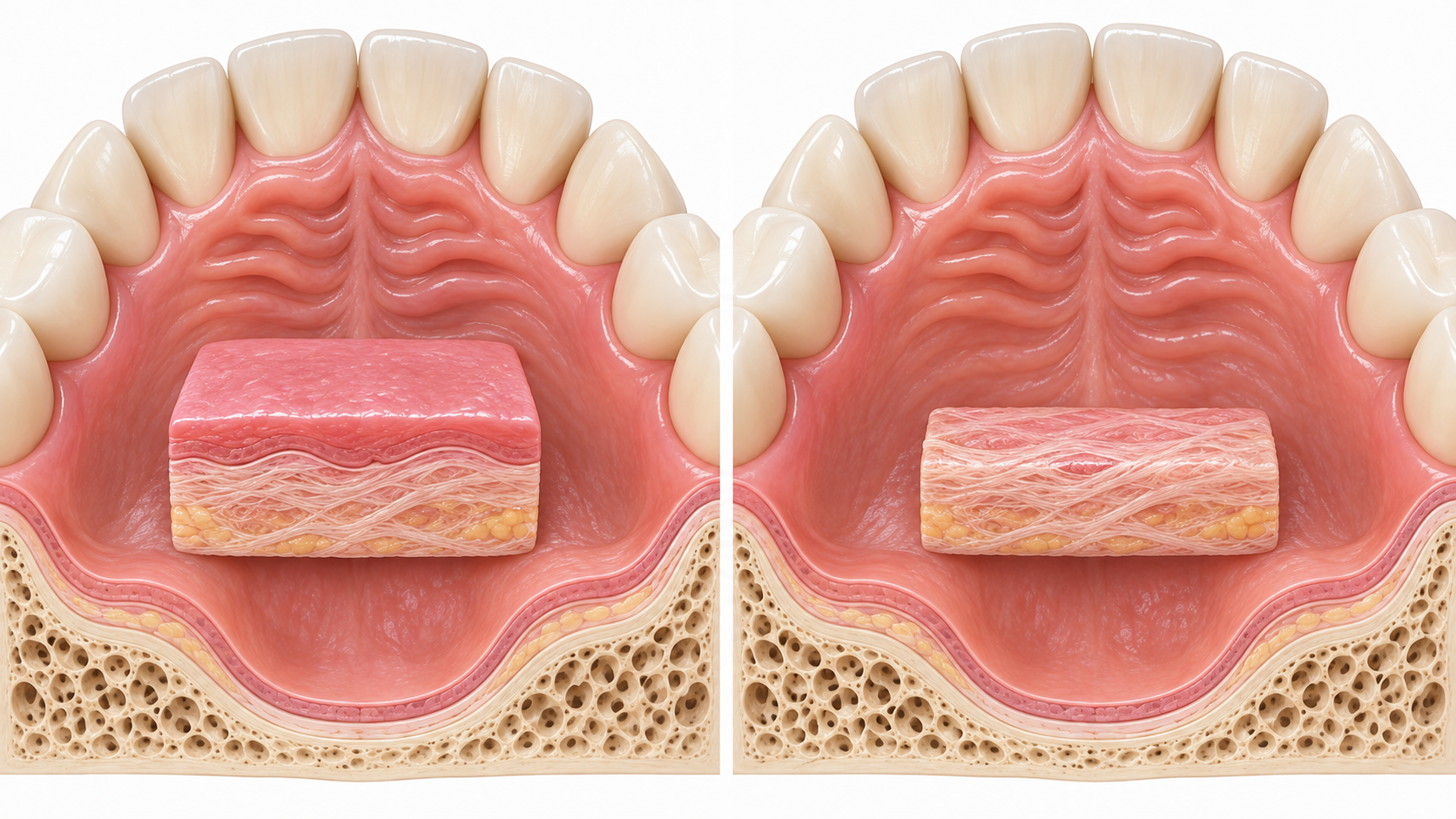 Comparison of the gum tissue structures used in a free gingival graft and a connective tissue graft