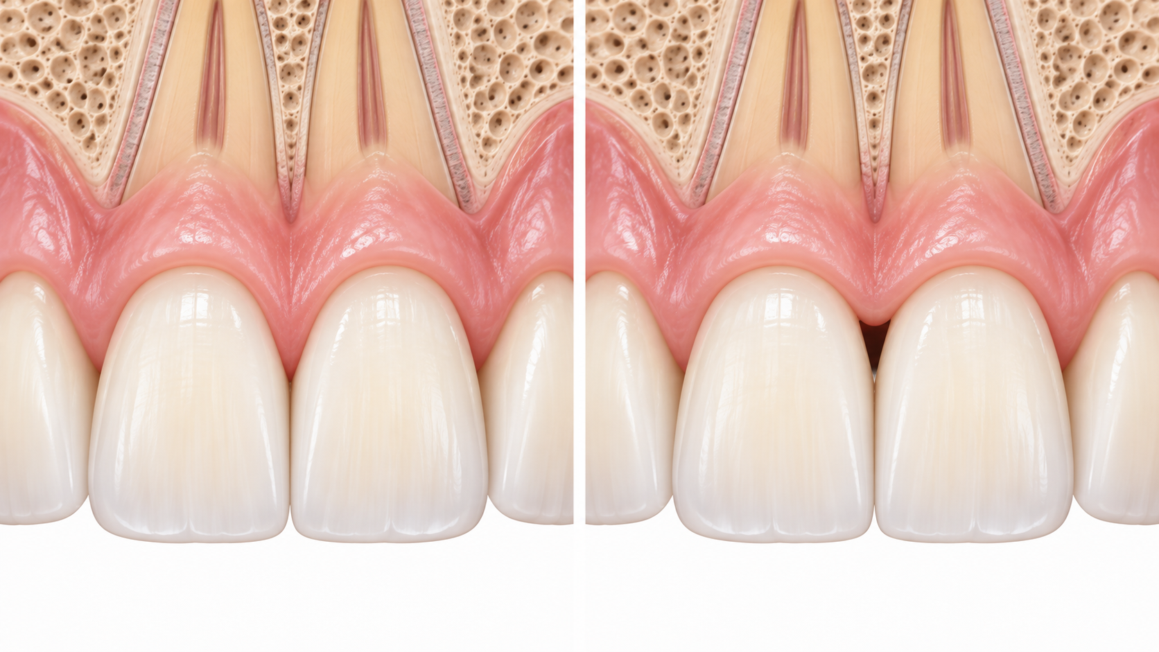 Illustration comparing the gum structure between upper front teeth with a normal interdental papilla and with a black triangle