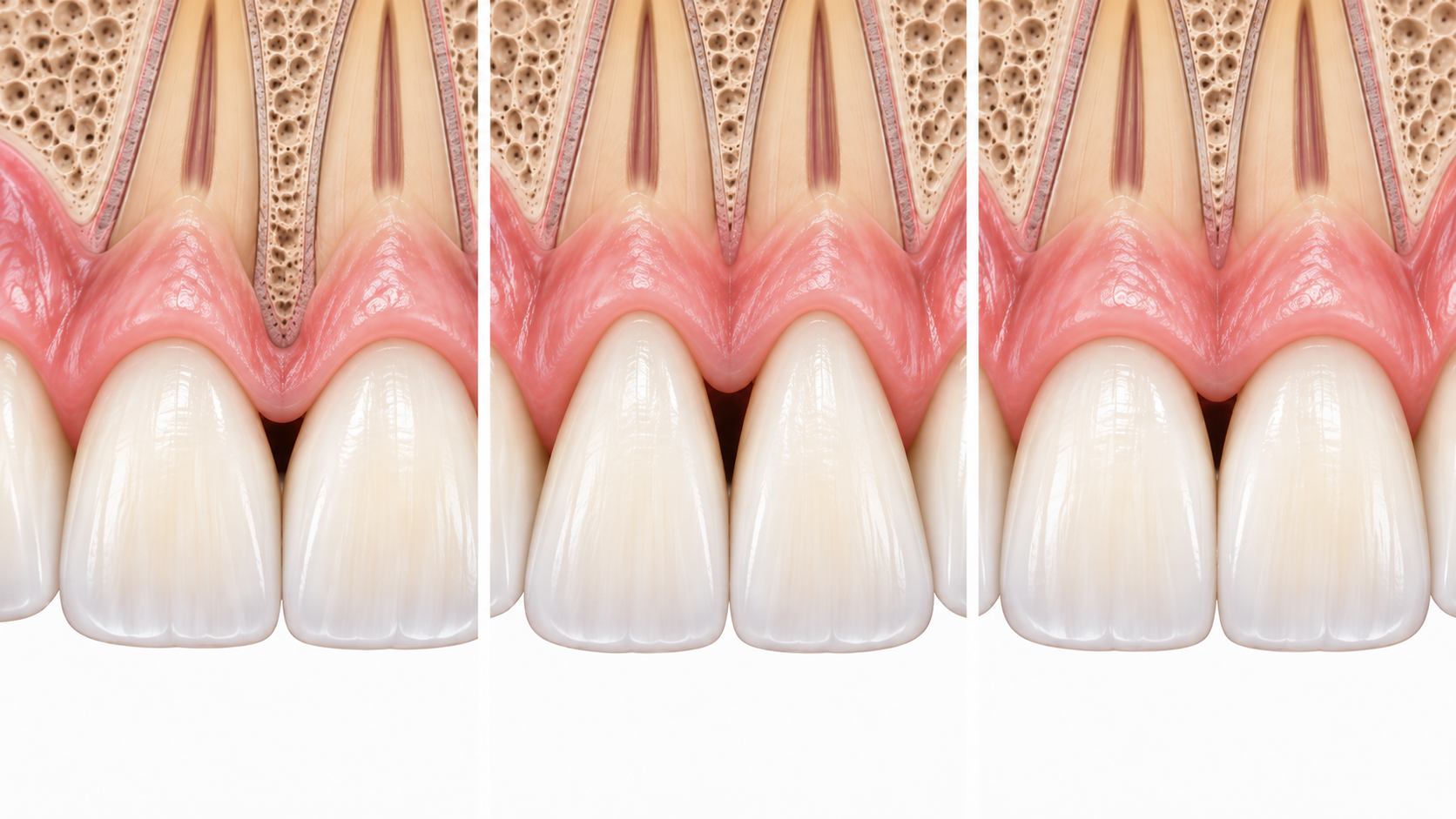 Comparison of black triangle causes: jawbone loss, triangular tooth shape, and contact point position
