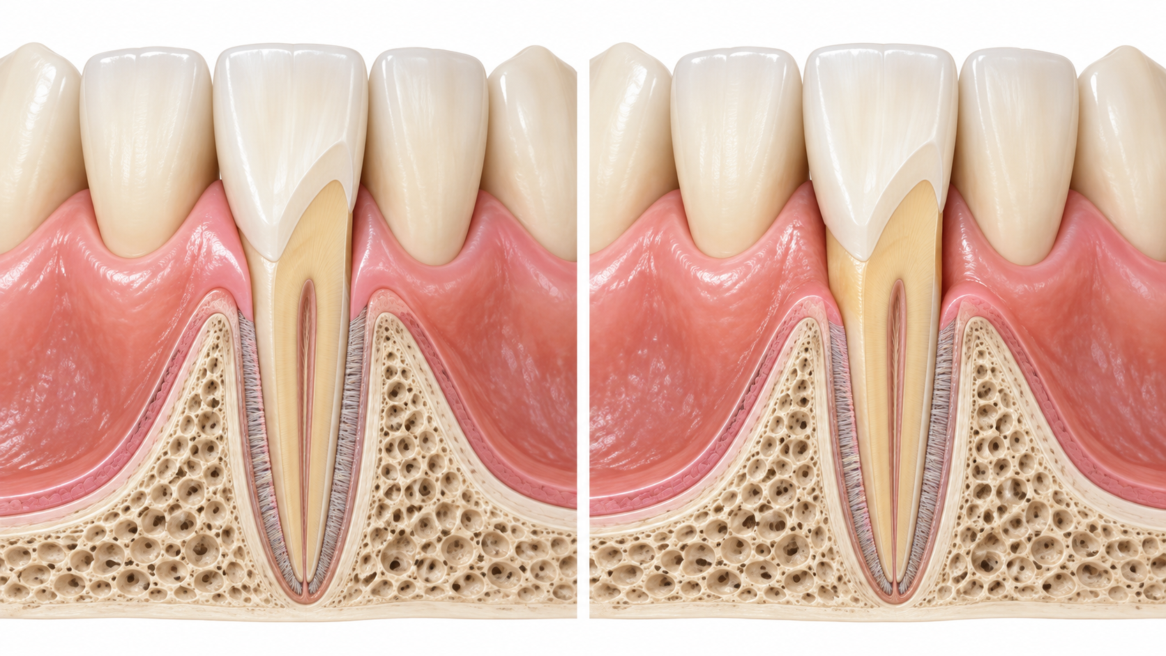 Anatomical comparison of normal gums and gum recession (gingival recession) with the tooth root exposed