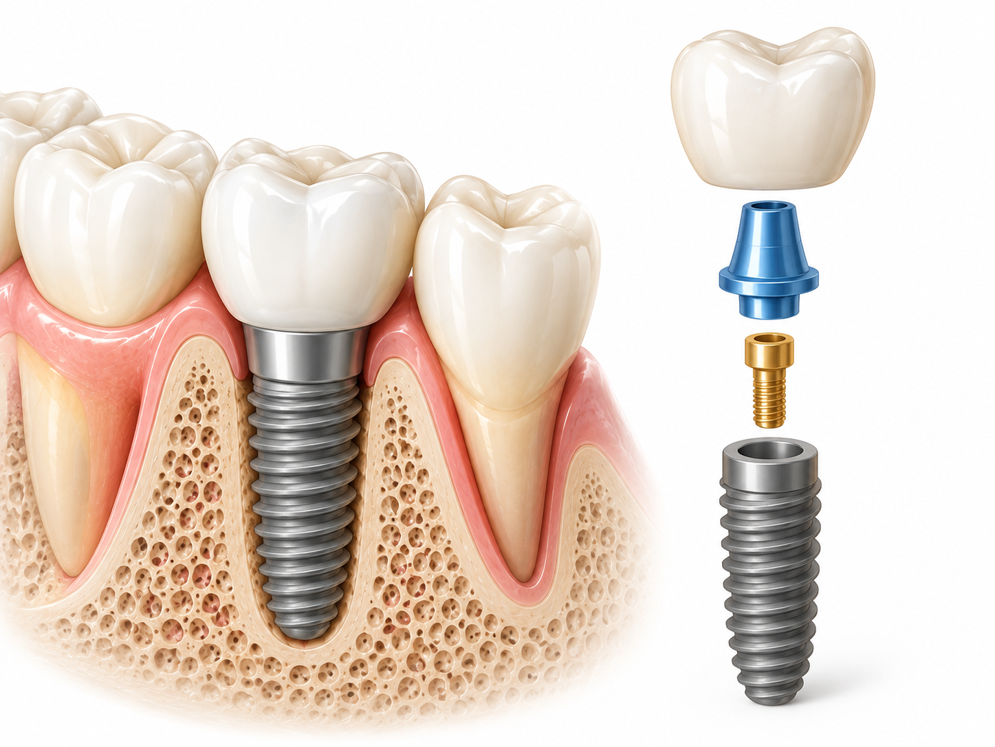 Structure of the crown, abutment, abutment screw, and fixture, used to distinguish the causes of a loose implant.