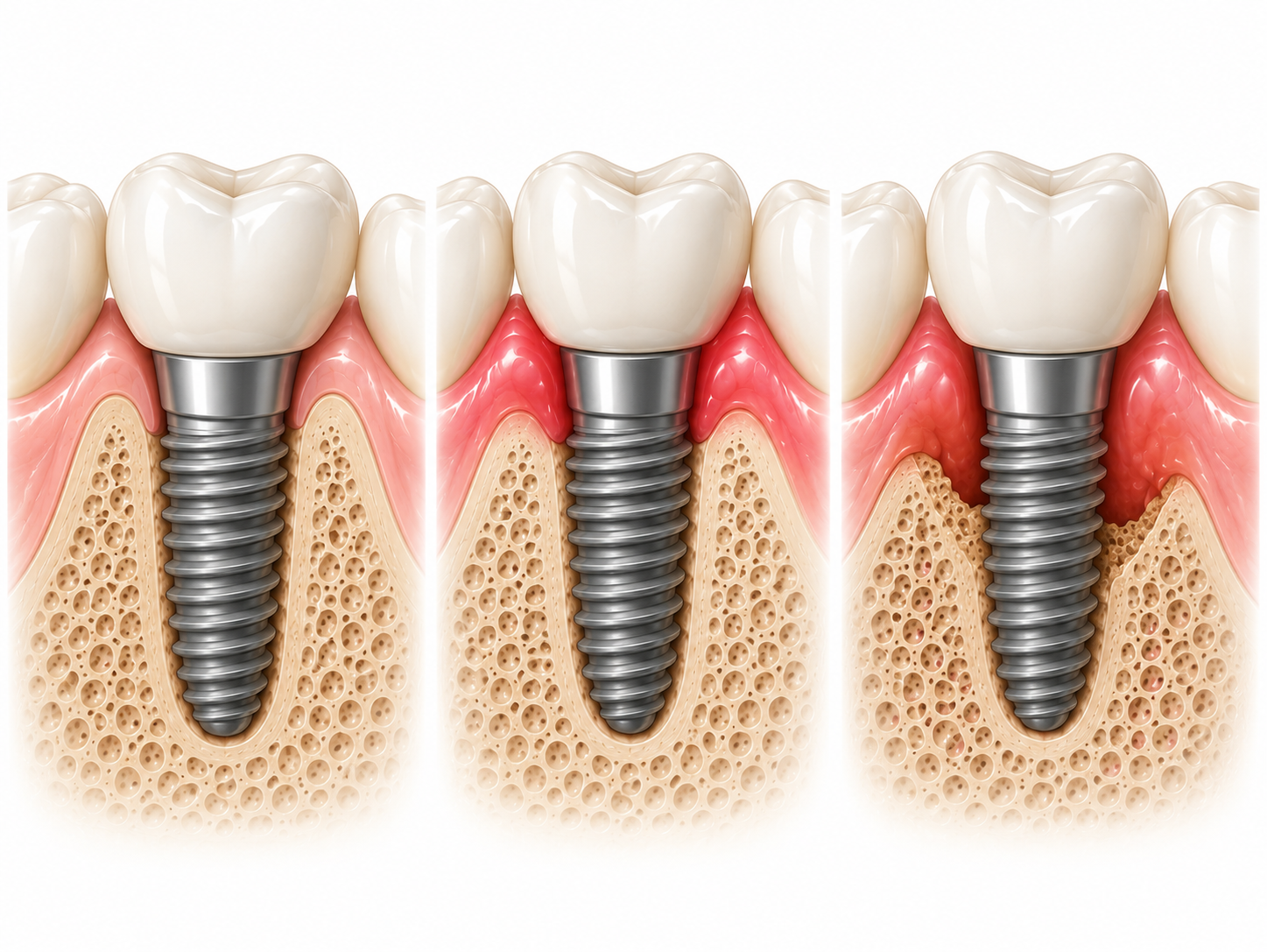 Comparison of gum inflammation and bone loss in a healthy implant, peri-implant mucositis, and peri-implantitis.
