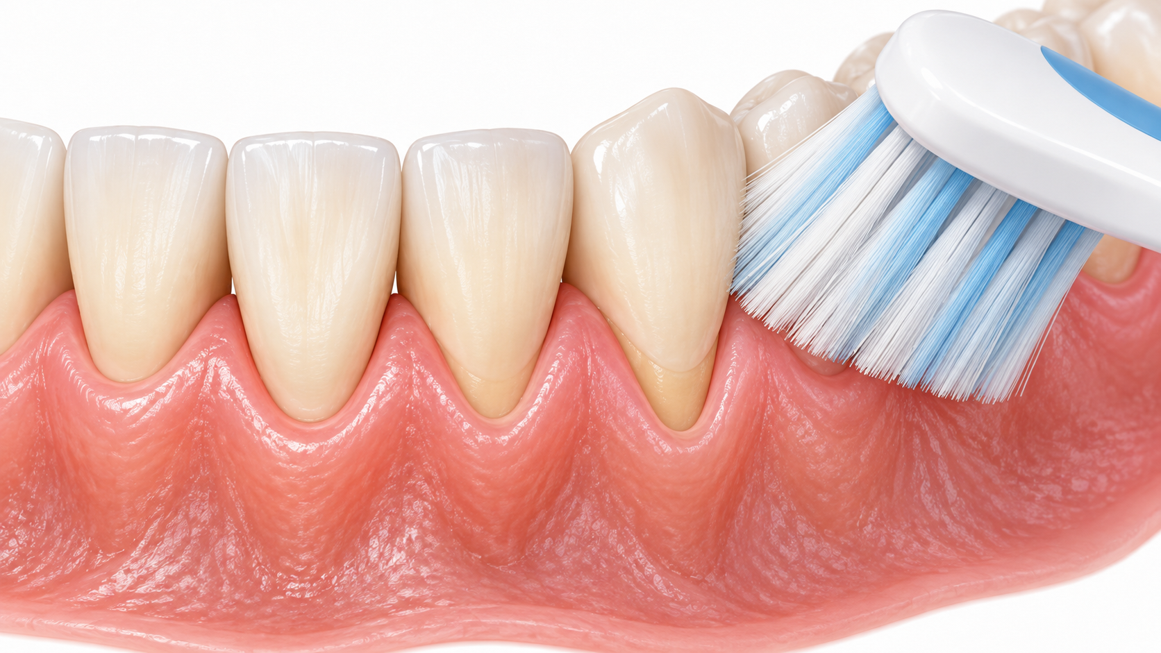 Soft toothbrush bristles in contact with the gum margin for preventive care of gum recession