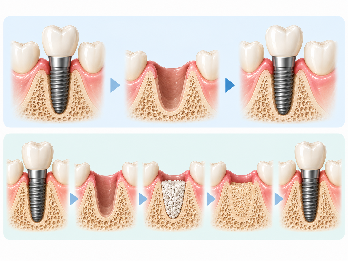 Diagram comparing immediate re-placement after implant removal with delayed re-placement after a bone graft.