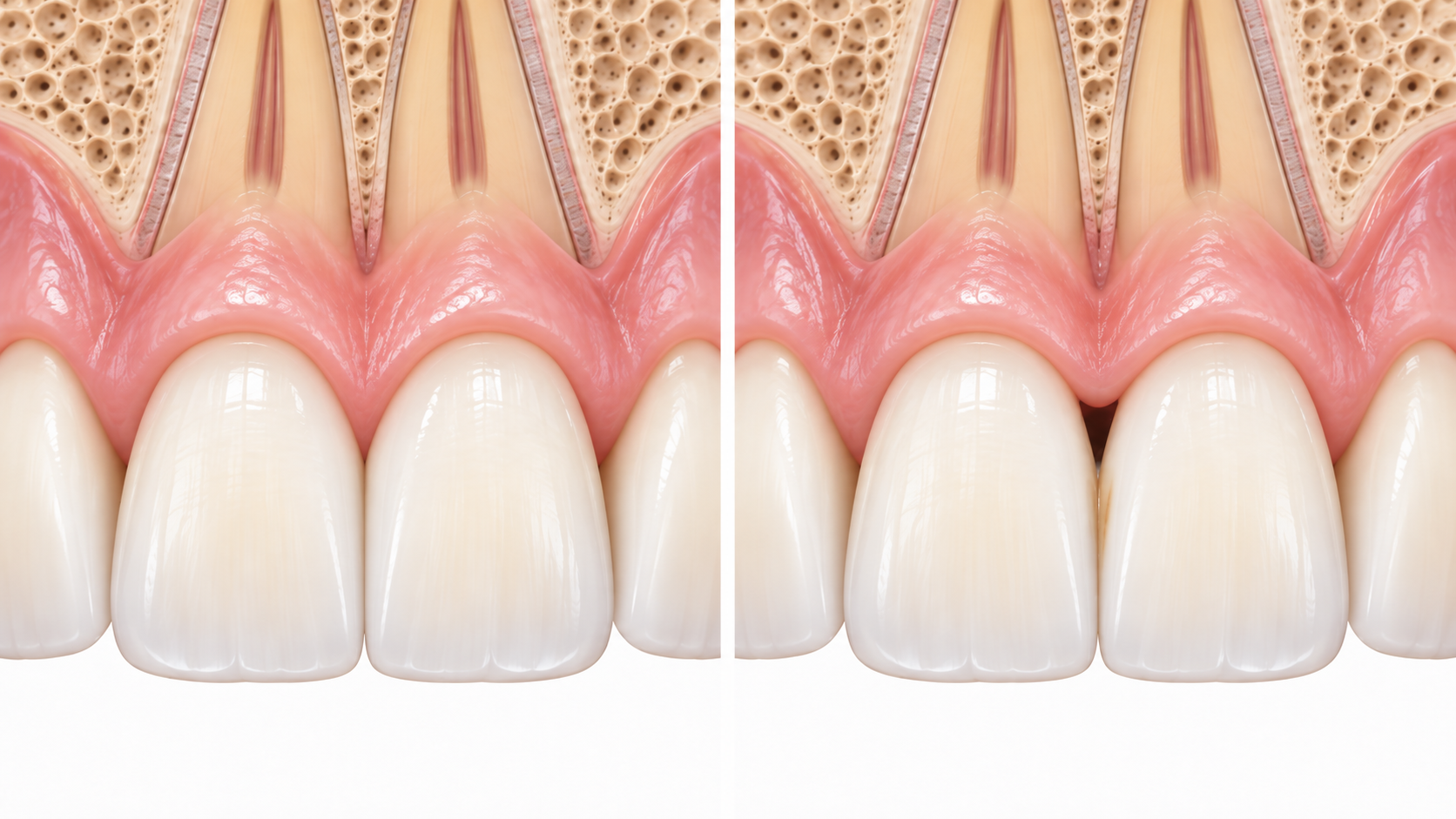 Front tooth anatomy illustration showing care factors after black triangle treatment, such as gum changes and staining at the resin margin