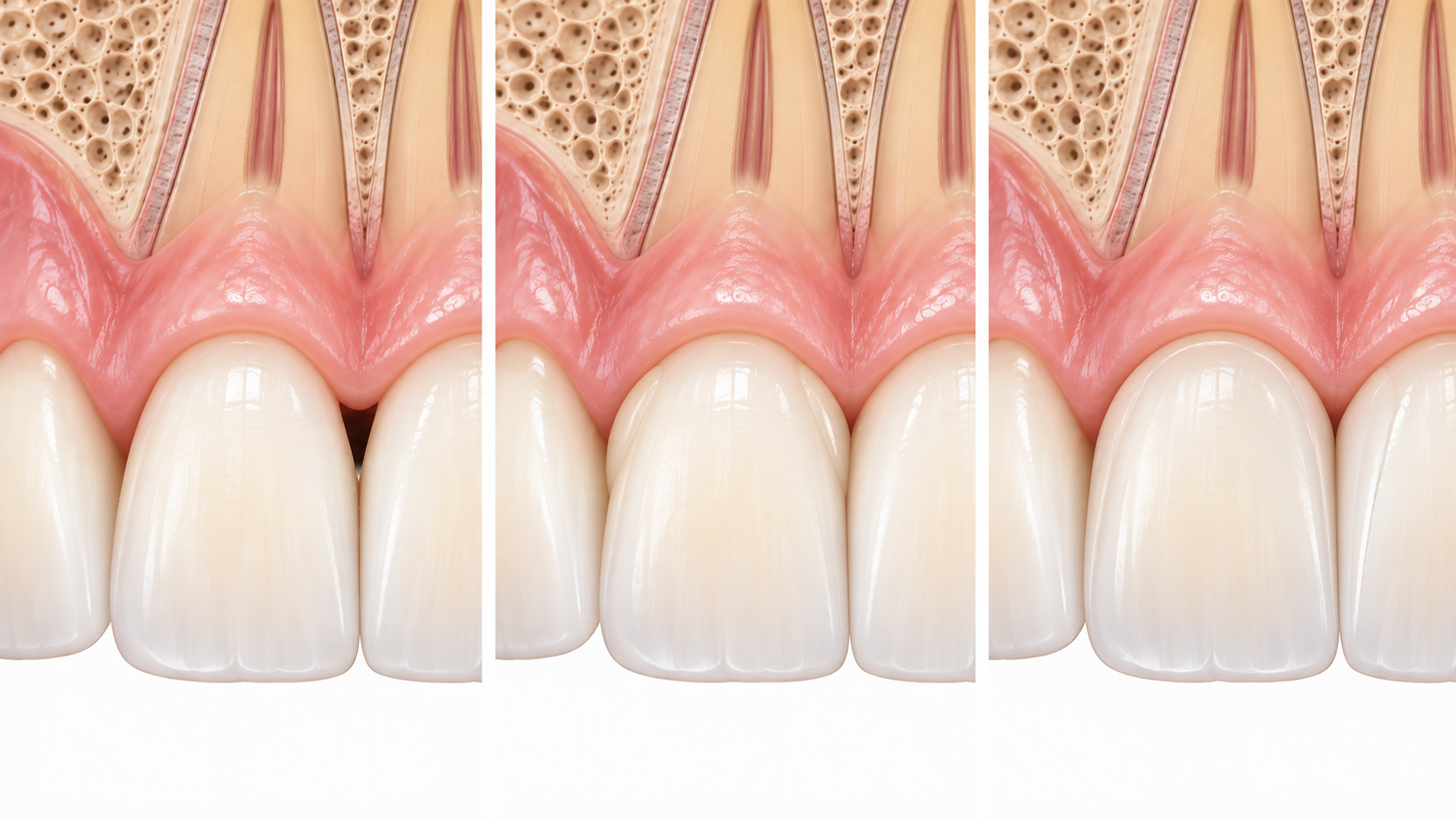 Comparison of how composite resin and laminate veneers adjust the space between front teeth for a black triangle