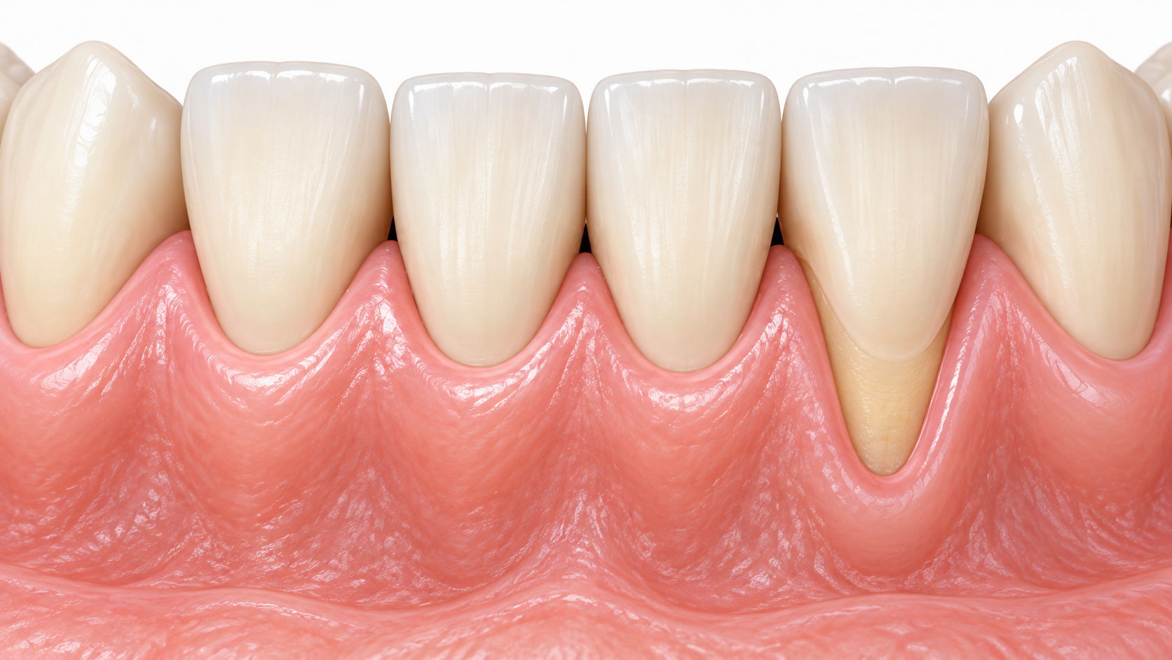 Early symptoms of gum recession, with teeth looking longer and roots becoming exposed