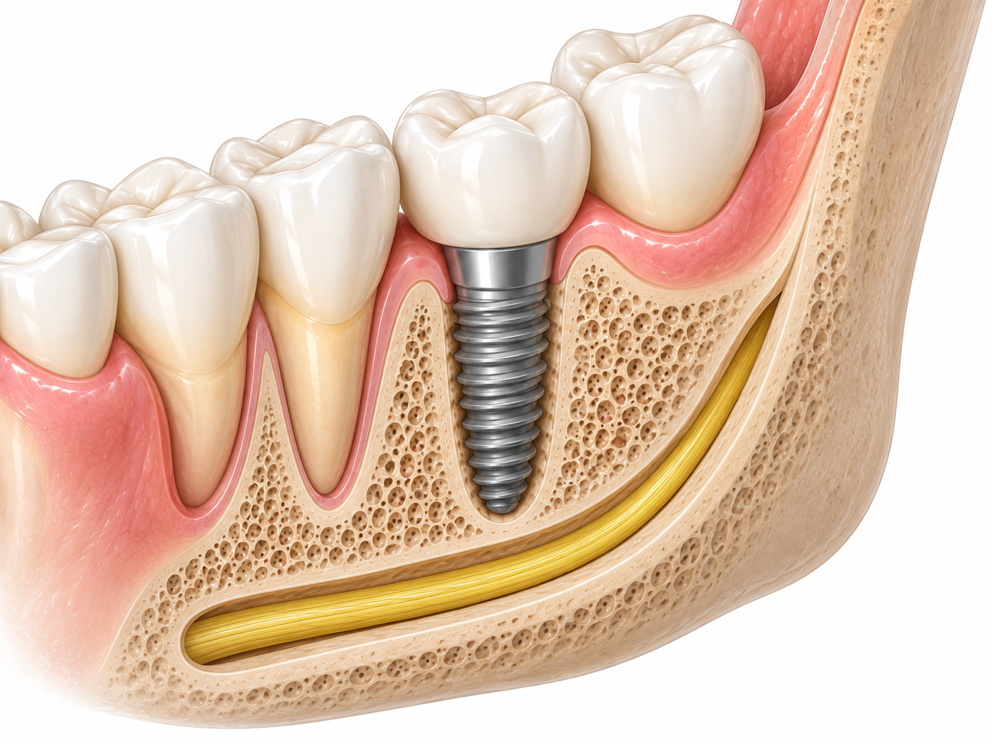 Positional relationship between a lower jaw implant and the inferior alveolar nerve canal, checked on CT before implant revision surgery.