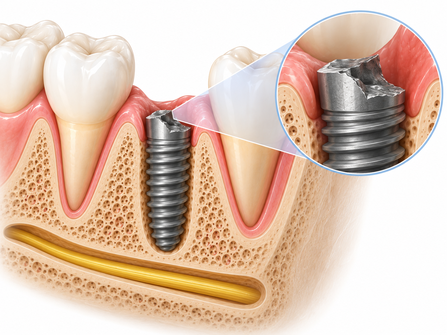 Why a fractured fixture, the surrounding bone, and the inferior alveolar nerve canal are evaluated together in implant revision surgery.